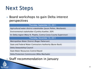  Board workshops to gain Delta interest
perspectives
 Staff recommendation in January
25
Thursday, September 22, 2011
Agricultural water district stakeholder (Jason Peltier, Westlands)
Environmental stakeholder (Cynthia Koehler, EDF)
In-Delta region (Mary N. Piepho, Contra Costa County Supervisor)
Thursday, November 10, 2011
Metropolitan Water District (Roger Patterson)
State and Federal Water Contractors Authority (Byron Buck)
Delta Stewardship Council
State Water Resources Control Board
Delta Protection Commission (Mike Machado)
 