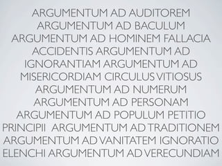 ARGUMENTUM AD AUDITOREM
       ARGUMENTUM AD BACULUM
  ARGUMENTUM AD HOMINEM FALLACIA
      ACCIDENTIS ARGUMENTUM AD
    IGNORANTIAM ARGUMENTUM AD
    MISERICORDIAM CIRCULUS VITIOSUS
       ARGUMENTUM AD NUMERUM
      ARGUMENTUM AD PERSONAM
   ARGUMENTUM AD POPULUM PETITIO
PRINCIPII ARGUMENTUM AD TRADITIONEM
ARGUMENTUM AD VANITATEM IGNORATIO
ELENCHI ARGUMENTUM AD VERECUNDIAM
 
