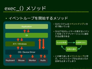 exec_() メソッド
●   イベントループを開始するメソッド
                                          ●   GUIシステムはイベントドリブン方
              Application                     式で動いている

                                          ●   Qtは下位のレイヤーが発するイベン
                                              トを拾ってアプリケーションに通知
                   Qt                         する必要がある

                                              Eventの取得                    処理呼び出し
      X11 / Windows

                                                            結果の通知
           OS / Device Driver
                                          ●   この繰り返しをイベントループと呼
                                              ぶ。イベントループが止まるとGUI
Keyboard   Mouse        Monitor   Audio       全体も止まってしまう


                                                 Copyright (c) 2011 Ransui Iso, All rights reserved.
 