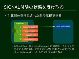 SIGNAL付随の状態を受け取る
●   引数部分を指定された型で取得できる

         QCheckBox

                stateChanged(int)            print_state(state)

                     clicked(void)

                     pressed(void)

                 released(void)


     –   QCheckBox の stateChanged の場合は、チェックさ
         れている場合は1、されていない場合は0がint型で引数
         としてconnectしているハンドラに渡される

                                     Copyright (c) 2011 Ransui Iso, All rights reserved.
 