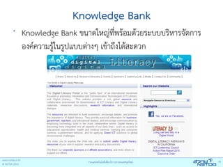 Knowledge Bank
•
    Knowledge Bank ขนาดใหญ่ที่พร้อมด้วยระบบบริหารจัดการ
    องค์ความรู้ในรูปแบบต่างๆ เข้าถึงได้สะดวก
 