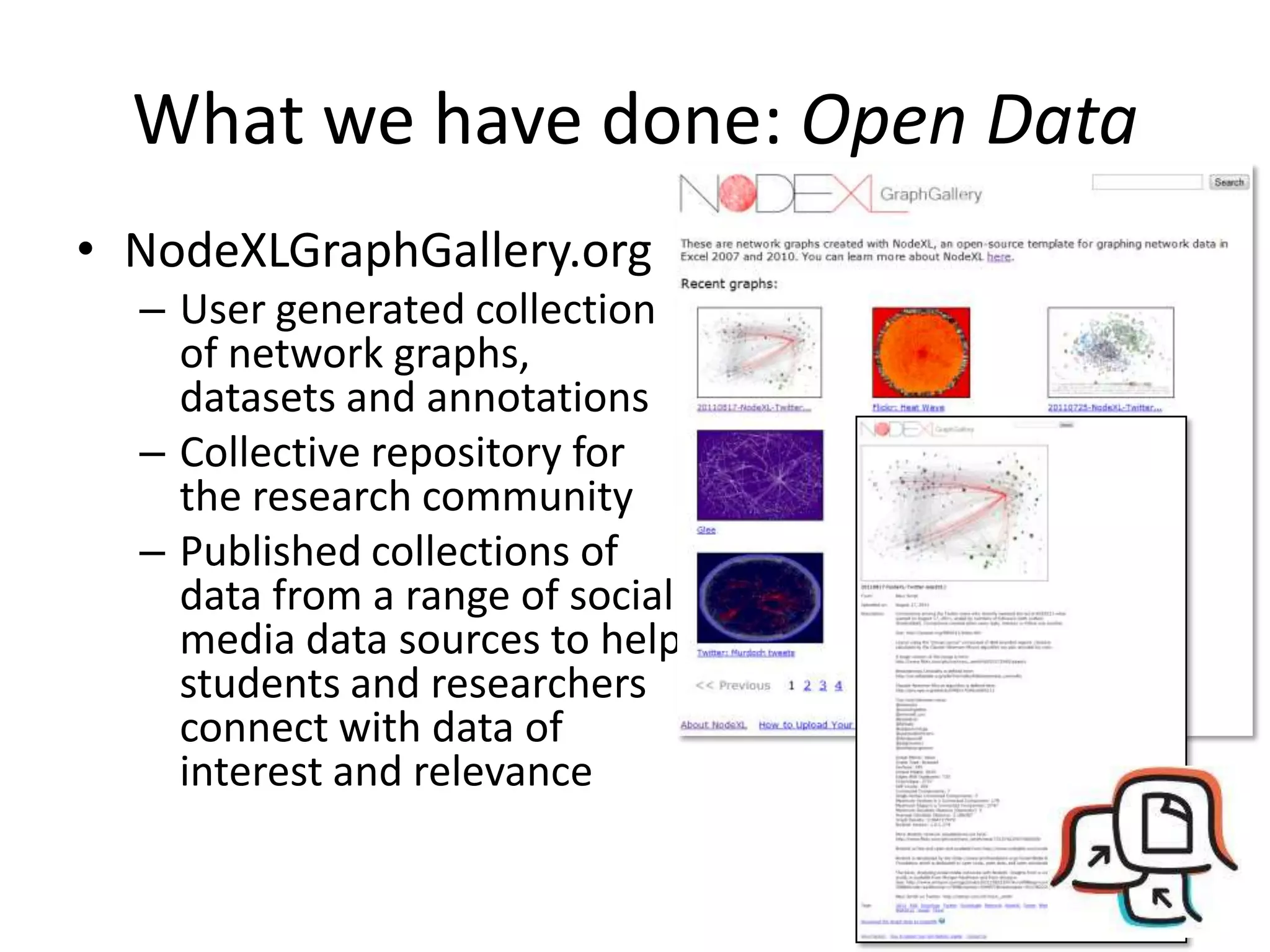 What we have done: Open DataNodeXLGraphGallery.orgUser generated collection of network graphs, datasets and annotationsCollective repository for the research communityPublished collections of data from a range of social media data sources to help students and researchers connect with data of interest and relevance