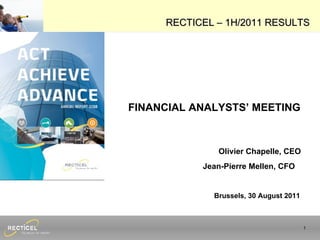 FINANCIAL ANALYSTS’  MEETING Olivier Chapelle, CEO Jean-Pierre Mellen, CFO   Brussels, 30 August 2011 RECTICEL – 1H/2011 RESULTS 