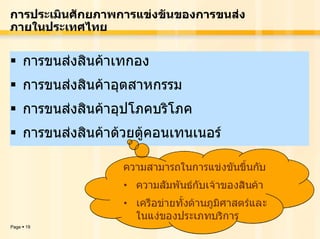 การประเมินศักยภาพการแขงขันของการขนสง
ภายในประเทศไทย

       การขนสงสินคาเทกอง
       การขนสงสินคาอุตสาหกรรม
       การขนสงสินคาอุปโภคบริโภค
       การขนสงสินคาดวยตูคอนเทนเนอร




Page   19
 