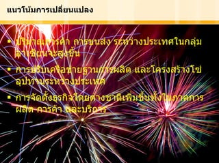 แนวโนมการเปลี่ยนแปลง



       ปริมาณการคา การขนสง ระหวางประเทศในกลุม
       อาเซียนจะสูงขึ้น
       การปรับเครือขายฐานการผลิต และโครงสรางโซ
       อุปทานระหวางประเทศ
       การจัดตั้งธุรกิจโดยตางชาติเพิ่มขึ้นทั้งในภาคการ
       ผลิต การคา และบริการ



Page   5
 