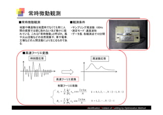 常時微動観測
■常時微動観測                        ■観測条件
地盤や構造物は地震時でなくても常に人   ・サンプリング周波数：100Hz
間の感覚では感じ取れないほど微小に揺   ・測定モード：速度波形
れている．これは「常時微動」と呼ばれ，風 ・データ長：各観測点で10分間
や火山活動などの自然現象や，車や電車，
工場などの人間活動により生じるものであ
る．


 ■高速フーリエ変換
    時刻歴応答                                                  周波数応答




               高速フーリエ変換

                有限フーリエ係数
                       2   N 1
                                             2 k m
                Ak 
                       N
                           
                           m 0
                                  xm cos
                                               N
                                                          k  0 ,1, 2 ,  , N / 2  1, N / 2


                       2   N 1
                                             2 k m
                Bk 
                       N
                           
                           m 0
                                  x m s in
                                               N
                                                          k  1, 2 ,  , N / 2  1


                                                      Identification Problem of Building by Optimization Method
 