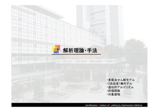 解析理論・手法




                         ・多質点せん断モデル
                         ・3自由度1軸モデル
                         ・遺伝的アルゴリズム
                         ・評価関数
                         ・対象建物


    Identification Problem of Building by Optimization Method
 