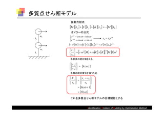 多質点せん断モデル
            振動方程式
           M j  C x j  K x j   M 0 
                x                                    x
            オイラーの公式
      m2    e it  cos t  i sin t
 k2         it                                       x 0  x 0 e i t
           e       cos t  i sin t
             M   iC   K x e
               2
                                         j
                                             it
                                                     2 M x0 e it

           xj 
                                                         
      m1
                M   i C   K  M  
                    2                     1
 k1                                             1 2
            x0 
            各要素の絶対値をとる

           
            xj    
                   
                    h (  ) 
            x0
                  
                   
            各階の絶対変位を扱うため

                           
            X j   x j  x0 
                          
            x0   x0 
                           
                   h( )  1
                     H ( )

            これを多質点せん断モデルの目標関数とする


                                Identification Problem of Building by Optimization Method
 