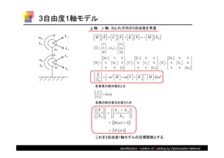 3自由度1軸モデル
                    x 軸， y 軸，ねじれ方向の3自由度を考慮
m 2
             ky2       M   X   C   X    K   X     M   X 
                                                                      
                                                                             0

k 2                       X               0  
                                                x
                                                  
        m2   kx2       
                       X   Y  ,  X 0    y
                                                0 
                                           0 
                                                  
             k y1
                              M x    0         0           Cx    0        0            K x    0         0 
m 1                                                                                                             
                      M    0
                                    M y 
                                                0  , C    0
                                                                    C y 
                                                                               0  , K    0
                                                                                                     K y 
                                                                                                                 0 
 k 1                                                                                                            
        m1   k x1            
                                0      0         I 
                                                              
                                                                0      0      C 
                                                                                             
                                                                                                0       0       K 
                                                                                                                      

                      X 
                         2                             1
                             M   i C    K    M  {1} 2
                                                  
                       X0                               
                       
                       各要素の絶対値をとる
                        X 
                           
                             h( )
                       
                        X0 
                            
                       各階の絶対変位を扱うため

                        Xj
                                 X j  Xo 
                                                
                                              
                        X0
                                
                                        X0      
                                                  
                                    h ( )  1 

                                       H  

                        これを3自由度1軸モデルの目標関数とする

                                                Identification Problem of Building by Optimization Method
 