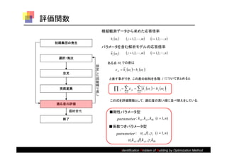 評価関数
                 模擬観測データから求めた応答倍率
                   h j  i              j  1,2,, m            i  1,2,, n 
  初期集団の発生
                 パラメータを含む解析モデルの応答倍率
                   h j i 
                   ~                      j  1,2,, m            i  1,2,, n 
   選択・淘汰
                  ある点 i での差は
             設
                         ji  h j  i   h j  i 
                                     ~
             定
    交叉       し
             た
             回     と表す事ができ，この差の総和を各階 j についてまとめると
             数
             繰                           n              n
                                       ji   h j  i   h j  i 
                                                 ~
   突然変異      り
             返
                               j
                                      i 1             i 1
             し
                   この式を評価関数として，適応度の高い順に並べ替えをしている．
  適応度の評価

      最終世代         ■剛性パラメータ型
    終了                    parameter : k xi , k yi , k i (i  1, n)
                   ■係数つきパラメータ型
                         parameter :  i ,  i ,  i (i  1, n)
                                              i k xi , i k yi ,  i k i

                                    Identification Problem of Building by Optimization Method
 