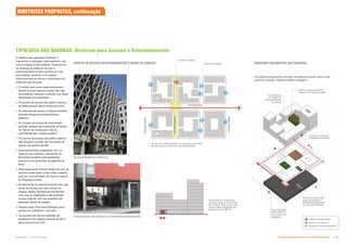 O objetivo das seguintes diretrizes é
intensificar a utilização, pelo pedestre, das
ruas principais e secundárias. Desta forma,
os acessos às áreas de serviço e
estacionamento ficarão restritos as ruas
secundárias, evitando a circulação
indiscriminada de carros e caminhões por
todas as ruas da área:
 O acesso aos novos estacionamentos
deverá ocorrer apenas a partir das vias
secundárias, evitando o trânsito nas áreas
destinadas aos pedestres;
 Os pontos de acesso aos pátios internos
deverão possuir altura mínima de 4,5m;
 As entradas de serviço e estacionamento
deverão integrar-se à fachada dos
edifícios;
 As rampas de acesso de automóveis
deverão integrar o(s) subsolo(s) ao térreo
no interior da construção, não se
estendendo até o espaço público;
 Os pontos de acesso aos pátios internos
não deverão concidir com os pontos de
acesso da quadra oposta;
 Estacionamentos projetados com, no
máximo três subsolos, atendendo às
demandas exigidas pela legislação
aplicável e às restrições de gabarito da
área;
 Estacionamento vertical integra-se com as
demais construções e não estão voltados
para as ruas principais, de modo a reduzir
os impactos visuais;
 As estruturas do estacionamento e/ou das
áreas de serviço que são visíveis ao
espaço público deverão ser recobertos
com arte ou vegetação e não poderão
ocupar mais de 25% da superfície da
extensão lateral da quadra;
 Deverá haver uma clara distinção entre
acesso de pedestres e veículos;
 Os acessos de serviço deverão ser
projetados com largura mínima de 3m e
altura mínima de 4,5m.
Acesso ao estacionamento e as áreas de serviço
se dá apenas a partir de ruas secundárias.
Dimensões do acesso de
veículos: largura mínima de
6m e altura mínima de 4,5m;
devem estar integrados às
fachadas dos edifícios
PONTOS DE ACESSO ESTACIONAMENTOS E ÁREAS DE SERVIÇO DIAGRAMA VOLUMETRIA DAS QUADRAS
Acesso de serviço
Acesso ao estacionamento
Acesso de pedestres
Primary street
Secondary
street
Pedestrian
area
Secondary
street
Via
secundária
Via
de
pedestre
Via
secundária
Via estrutural
Ponto de acesso das
áreas de serviço e
estacionamento junto
às ruas secundárias
Clara distinção
entre acessos
de veículo e de
pedestres
Área do estacionamento
coberta com terraço jardim
Área relativa
ao índice de
permeabilidade
no térreo
Acesso ao subsolo
integrado à fachada
VIA
ESTRUTURAL
VIA
SECUNDÁRIA
VIA SECUNDÁRIA
VIA SECUNDÁRIA
Há predominantemente três tipos de estacionamento dentro das
quadras: subsolo, vertical e edifício garagem.
ESTACIONAMENTO VERTICAL
ACESSO ÁREA DE SERVIÇO E GARAGEM SUBTERRÂNEA
TIPOLOGIA DAS QUADRAS: Diretrizes para Acessos e Estacionamentos
DIRETRIZES PROPOSTAS, continuação
Acesso permitido
Acesso proibido
Subproduto 5.1: Pue Consolidado Diretrizes do Desenvolvimento Urbano: Renovação  
 