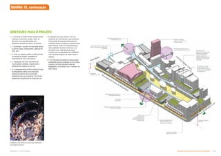 1. Conectar os importantes equipamentos
culturais e terminais modais, além de
fornecer uma rota alternativa aos
pedestres através do interior da quadra;
 2. Aumentar o número de fachadas ativas
no térreo (lojas, restaurantes, galerias de
arte, etc.);
 3. Criar um espaço público multifuncional
na escala da cidade, protegido do
movimento da rua e dos carros;
 4. Adaptação da nova volumetria às
construções mantidas, respeitando o
alinhamento original com a rua;
 5. O embasamento da Rua General Couto
de Magalhães define uma transição
gradual de alturas das contruções
existentes para as propostas, de forma a
integrá-las visualmente ao longo da rua;
Entrada articulada com
a Estação da Luz
Ponto de entrada articulado
com a Rua Vitória
Edifício existente
marca o eixo visual
da Rua Vitória
Gabarito
máximo de 15m
Transição de alturas gradual
entre construções existente e
proposta
Recúo lateral de 10m
acima da linha da
platibanda existente
Acesso ao pátio
interno de serviço
Gabarito máximo
de 30m
Entrada articulada com a
nova estação de metrô Luz
Praça com
estruturas de
caráter escultórico
para sombreamento
e iluminação
Embasamento
estende-se na fachada
interna ao longo de
toda a praça para
manter o senso da
escala e dar uma nova
frente às construções
mantidas
Terraços com vista
para a praça criam
amplo domínio visual e
aumentam a sensação
de segurança.
Alinhamentode altura com
edificação histórica
Fachada
comercial
EXEMPLO DE ARTICULAÇÃO DE ESPAÇOS
EM VÁRIOS NÍVEIS
Rua Mauá
Rua General Couto de Magalhães
Rua W
ashington Luís
DIRETRIZES PARA O PROJETO
Avenida
Cásper Líbero
 6. Através da praça central, criar um
ambiente de convivência e permanência.
Uma arcada é proposta para marcar a
transição entre os espaços e proporcionar
área coberta. Sobre os embasamentos
são projetados terraços externos, que
permitem uma visão geral da praça,
criando uma configuração de “anfiteatro”
com variados ângulos de visão sobre o
espaço;
 7. As entradas principais da praça estão
localizadas junto à Estação da Luz (metrô
e trem) e na Rua General Couto de
Magalhães, articuladas com o passeio da
Rua Vitória.
QUADRA 19, continuação
Subproduto 5.1: Pue Consolidado Diretrizes do Desenvolvimento Urbano: Renovação  
 