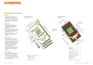 Uso do Solo
 Uso comercial no pavimento térreo
proporcionando vitalidade aos espaços
públicos e criando um circuito comercial;
 O uso comercial na Avenida Duque de
Caxias com galerias conformando centro
de compras.
Espaços Livres
 O principal espaço aberto da quadra
será acomodado no pátio residencial,
correspondendo a 30% da área
não construída;
 Pátios de serviços cobertos criam terraços
para as unidades residenciais localizadas
nos pavimentos superiores, para uso
privativo dos residentes;
 A cobertura do estacionamento vertical
pode ser utilizada para atividades
esportivas.
Estrutura Urbana
 Construções alinhadas à calçada para
reforçar a estrutura da malha urbana;
 Edifícios mais altos dispostos ao longo da
Avenida Duque de Caxias e na esquina da
Rua General Osório e Alameda Barão de
Limeira proporcionam importantes
visadas, marcam pontos de chegada e
conferem legibilidade urbana;
 Fachadas ativas concentradas ao longo
de todo o pavimento térreo a fim de dar
continuidade ao circuido de compras
de varejo.
Acessos e Serviços
 Acesso ao estacionamento vertical deverá
ser pela Alameda Barão de Limeira;
 Acesso ao estacionamento subterrâneo
deverá ser pela Rua Conselheiro Nébias;
 Acesso à área de serviço deverá ser pela
Rua Conselheiro Nébias.
DIRETRIZES PARA O PROJETO
Avenida
Duque
de
Caxias
Rua
G
eneral O
sório
R
u
a
C
o
n
s
e
l
h
e
i
r
o
N
é
b
i
a
s
A
l
a
m
e
d
a
B
a
r
ã
o
d
e
L
i
m
e
i
r
a
Edifício de patrimônio histórico
Edifícios a manter
Edifícios propostos
Edifício de destaque
Vistas-chave
Privado
Acesso de serviço
Fachada ativa junto ao pátio
Privado de uso público
Área de serviço
Acesso ao estacionamento
Acesso público de pedestres
Público
Pátio
Rua interna / centro de compra
Ponto de acesso de pedestres
Acesso controlado de
pedestres
QUADRA 55, continuação
ESTRUTURA DA QUADRA
PLANTA TÉRREO
ACESSOS E SERVIÇOS
DIAGRAMA
AA
BB
Avenida
Duque
de
Caxias
R
u
a
C
o
n
s
e
l
h
e
i
r
o
N
é
b
i
a
s
A
l
a
m
e
d
a
B
a
r
ã
o
d
e
L
i
m
e
i
r
a
Fachada que serve
como tela para o
jardim de serviço
separado do pátio
Acesso controlado de
pedestres ao pátio
através de arcada
Rua
G
eneral O
sório
AA
BB
Subproduto 5.1: Pue Consolidado Diretrizes do Desenvolvimento Urbano: Renovação  -
 