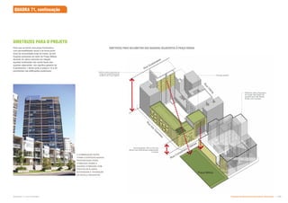 Para que se tenha uma praça iluminada e
com permeabilidade visual e se torne ponto
focal da comunidade onde se insere, as edi-
‰
 Š       ~Œ 
deverão ter altura reduzida em relação
aquelas localizadas nas outras faces das
_     ‰
    
6 pavimentos + térreo junto à praça e 12 a 20
    ‰
 Š  
R
u
a
d
o
s
G
u
s
m
õ
e
s
R
u
a
V
i
t
ó
r
i
a
Rua Conselheiro
Nébias
Rua Guaianases
recomendado 19m a 21m de
altura nas edificações adjacentes
à praça
Edifícios altos dispostos ao
longo da periferiana parte
posterior da Praça Nébias
A COMBINAÇÃO ENTRE
TORRE E EDIFÍCIOS BAIXOS
PROPORCIONA VISÃO
OTIMIZADA SOBRE A
QUADRA OTIMIZADA COM
EFEITOS DE PLANOS
SUCESSIVOS E TRANSIÇÃO
DE ESCALA GRADATIVA
Edifícios altos dispostos
ao longo das faces de
quadra que não fazem
limite com a praça
Terraço jardim
Praça Nébias
DIRETRIZES PARA VOLUMETRIA DAS QUADRAS ADJACENTES À PRAÇA NÉBIAS
DIRETRIZES PARA O PROJETO
QUADRA 71, continuação
Subproduto 5.1: Pue Consolidado Diretrizes do Desenvolvimento Urbano: Renovação  
 