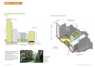 1 nível de
estacionamento
subterrâneo
EXEMPLO DE PÁTIO
COM ILUMINAÇÃO E
VENTILAÇÃO
NATURAL E
PAISAGISMO
INTEGRADO AO
DESENHO
Massa construida
concentrada em segundo
plano em relação a fachada
adjacente a Praça Nébias
Proporção entre
altura e largura do
pátio baseada na
proporção mínima
de 1:1
Varandas e terraços com
vista para a rua e para a
Praça Nébias
Altura reduzida
Largura
mínima=16m
Largura
mínima=16m
Pátio interno com
acesso controlado
RUA
DOS
GUAIANAZES
RUA
CONSELHEIRO
NEBIAS
Gabarito
máximo de 30m
 Largura e altura dos edifícios foi definida
de modo a permitir visada dos
apartamentos para a rua e pátios internos
(permeabilidade visual);
 Edificações propostas deverão ser
implantadas no limite do lote com a rua;
 Massa construída será “diluída” na face
próxima à praça Nébias e “concentrada”
nas outras faces da quadra.
Gabarito
máximo 60m
até 60m
19 a 21m
R
u
a
V
i
t
ó
r
i
a
Rua Conselheiro Nébias
Rua Guaianases
CORTE PERSPECTIVADO LONGITUDINAL A-A
VOLUMETRIA, ALTURAS E RECUOS
CORTE A-A
QUADRA 71, continuação
Subproduto 5.1: Pue Consolidado Diretrizes do Desenvolvimento Urbano: Renovação  !
 