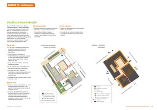 DIRETRIZES PARA O PROJETO
R
u
a
V
i
t
ó
r
i
a
R
u
a
d
o
s
G
u
s
m
õ
e
s
Rua
Santa
Ifigênia
Avenida
Rio
Branco
Patrimônio histórico
Construções mantidas
Construções propostas
Edifícios de destaque
Principais eixos visuais
A quadra 73 foi projetada para atingir a
volumetria máxima e possuir edificações
com áreas extensas junto à Avenida Rio
Branco. As construções propostas não
deverão se justapor as construções
mantidas junto à Rua Santa Ifigênia. As
novas edificações terão áreas de serviço
integradas e novas fachadas voltadas para o
pátio interno. Um arco já existente,
pertencente a prédio tombado, é usado
como acesso de pedestres ao pátio.
Uso do Solo
 O uso junto à Avenida Rio Branco nos
pavimentos superiores deverá ser
predominantemente de serviços
(escritórios);
 De acordo com a resolução do
CONDEPHAAT, as construções situadas
na Rua Santa Ifigênia estão limitadas,
junto ao alinhamento frontal, à altura
máxima de 15m;
 O uso predominantemente comercial
deverá ser mantido;
 O uso proposto para a Rua Vitória nos
pavimentos superiores é residencial;
 Uso misto (serviços, comércio e
residência) é proposto para garantir que a
área seja movimentada, tanto de dia
quanto à noite;
 Fachadas ativas ao longo de todo o térreo,
incluindo o pátio.
Espaços Livres
 O pátio proposto está localizado no centro
da maior área livre da quadra, o que
garante forma regular e novas frentes no
perímetro interno;
 O acesso de pedestres ao interior da
quadra localiza-se junto às construções
mantidas na Rua Vitória e Rua dos
Gusmões. Para estas edificações é
sugerida a mudança de uso no térreo (de
residencial para comercial).
AA
BB
R
u
a
V
i
t
ó
r
i
a
R
u
a
d
o
s
G
u
s
m
õ
e
s
Rua
Santa
Ifigênia
Avenida
Rio
Branco
Volumetria proposta
 Edifícios mais altos na esquina da Avenida
Rio Branco com a Rua dos Gusmões;
 Construções alinhadas à calçada,
reforçando a morfologia já existente da
quadra— como exceção do trecho junto à
Rua Vitória.
Serviços e Acessos
 Acesso ao estacionamento vertical através
da Rua dos Gusmões;
 Áreas de serviço criadas na área posterior
dos edifícios mantidos (junto à Rua Santa
Ifigênia).
QUADRA 73, continuação
ESTRUTURA DA QUADRA
PLANTA DO TÉRREO
ACESSOS E SERVIÇOS
DIAGRAMA
Privado
Acesso às áreas de serviço
Fachada ativa
Privado de uso público
Áreas de serviço
Acesso ao estacionamento
Público
Acesso controlado de
pedestres
Ponto de acesso de pedestres
AA
BB
Subproduto 5.1: Pue Consolidado Diretrizes do Desenvolvimento Urbano: Renovação  
 