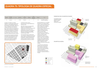 A quadra 75 configura um espaço
estratégico na intervenção proposta para
a Nova Luz. Está delimitada pelas ruas
dos Gusmões, dos Andradas, Vitória e do
Triunfo, localização que lhe garante a
conexão tanto interna como externa à
área. Toma-se partido da centralidade da
quadra para a proposta de instalação de
um importante equipamento comunitário
cercado ora por edifícios tombados ora
por espaços livres, que por sua vez dão
acesso ao conjunto de vias que a cercam.
As construções do passado, igualmente
valorizadas, serão restauradas e terão a
sua planta atual adequada aos novos
usos que complementarão a potente
oferta de lazer, cultura e assistência
social que se planeja ofertar aos
Número da
quadra
Tipologia
de quadra
especial
C.A. máximo Novo lote
criado (m²)
Área
Construida
(m²)
Edifícios
mantidos
}‰-
cações de
patrimônio
histórico
Estaciona-
mento
Usos
75 Especial 6 4.779m² 28.680m² 12 2 Sim HIS, HMP, comércio,
serviços e institucional
Os parâmetros para a
volumetria de quadra
definem o volume
máximo a ser
construído na quadra
moradores de toda a área e,
particularmente, aos das habitações de
interesse social.
Além deste conjunto de equipamentos
coletivos, um empreendimento
habitacional de interesse social se propõe
voltado para a rua do Triunfo. Com
embasamento comercial e de serviços e
lâmina de 8 pavimentos que abrigará
habitações de interesse social (HIS) e
mercado popular (HMP).
Uma importante praça na esquina das
ruas Gusmões e Andradas funciona como
espaço público permanentemente aberto
à população, e também desempenha a
função de acesso principal ao conjunto
de equipamentos sociais que se abrem
Espaço reservado
para pocket-park na
esquina das ruas
Vitória e Andradas.
Espaço
reservado para
praça pública
interna
30m de altura
máxima em
todas as ruas
R
u
a
V
i
t
ó
r
i
a
R
u
a
V
i
t
ó
r
i
a
R
u
a
d
o
s
G
u
s
m
õ
e
s
R
u
a
d
o
s
G
u
s
m
õ
e
s
Rua dos Andradas
Rua dos Andradas
Rua do Triunfo
Rua do Triunfo
30m de altura
máxima em
todas as ruas
Edifício Tombado
Edifício Existente
Residencial
Serviços
Comercial
Institucional
para três frentes de rua. Um edifício
horizontal cria um espaço público
coberto, à guisa de portal para uma
praça interna, onde se conectam
todos os edifícios do complexo. O
espaço reservado para uma
pequena praça na esquina das ruas
Vitória e Andradas soma-se à
sequência de espaços abertos,
abrindo uma das muitas
perspectivas que conectam os
espaços construídos no interior da
quadra ao conjunto urbano
proposto para a Nova Luz. A
sequência e escala dos espaços
abertos, assim como a volumetria
proposta, foram cuidadosamente
estudadas de maneira a promover
qualidades distintas de espaço
público, integrando a ele os
espaços construídos de forma clara
e efetiva.
O programa dos equipamentos
públicos, bem como sua forma
final, deverão ser rigidamente
supervisionados pela Prefeitura
quando do seu desenvolvimento,
de forma a assegurar o
cumprimento das necessidades
funcionais e espaciais previstas no
PUZEIS.
QUADRA 75: TIPOLOGIA DE QUADRA ESPECIAL
PARÂMETROS PARA A VOLUMETRIA DA QUADRA
VOLUMETRIA DA QUADRA
PLANTA DE LOCALIZAÇÃO
Subproduto 5.1: Pue Consolidado Diretrizes do Desenvolvimento Urbano: Renovação  !
 