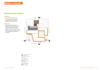 Rua
Vitória
Rua
dos
Gusmões
Rua dos Andradas
Rua do Triunfo
A A
B B
Fachadas ativas
Privado de uso público
Áreas de serviço
Público
Ponto de acesso de
pedestres
Ponto de acesso de
serviços
Ponto de acesso de
estacionamento
Uso privado: CDHU
e edifício novo
Uso do Solo
 Uso predominante será institucional;
 Uso comercial no pavimento térreo e
serviços no primeiro pavimento do
empreendimento da Rua do Triunfo.
Espaço Livre
 Espaços públicos abertos (praça e
pequena praça) e semi-aberto (miolo da
quadra aberto durante os horários de
operação dos edifícios institucionais);
 Espaço livre nos fundos do edifício da Rua
do Triunfo para uso dos moradores e para
carga e descarga dos pavimentos não-
residenciais.
DIRETRIZES PARA O PROJETO
QUADRA 75, continuação
Subproduto 5.1: Pue Consolidado Diretrizes do Desenvolvimento Urbano: Renovação  !
 