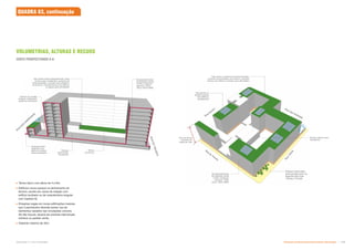 Espaço
aberto para
moradores
Térreo
comercial
Teto jardim sobre embasamento: área
comum para residentes, aumento da
biodiversidade, controle microclimático
do entorno, controle térmico do edifício
e espaço para atividades
Edifício de caráter
singular, tratamento
igual aos tombados
Empreendimentos
de interesse social
(20% comércio/
serviços, 40%
HIS e 40% HMP)
Embasamento
alinhado com
edifício mantido,
lâmina afastada
R
U
A
D
O
T
R
I
U
N
F
O
RUA
D
O
S
AN
D
R
ADAS
Espaço reservado
para pocket-park na
esquina das ruas
Vitória e Triunfo.
Espaço aberto para
moradores
R
u
a
V
i
t
ó
r
i
a
Rua
Aurora Rua dos Andradas
Rua
do
Triunfo
Empreendimentos
de interesse social
(20% comércio/
serviços, 40%
HIS e 40% HMP)
30m de altura
máxima em
todas as ruas
Teto jardim: aumento da biodiversidade,
controle microclimático do entorno, controle
térmico do edifício e espaço para atividades
Teto jardim ou
painéis solares
nos edifícios
residenciais
VOLUMETRIAS, ALTURAS E RECUOS
CORTE PERSPECTIVADO A-A:
 Térreo típico com altura de 4 a 6m;
 Edifícios novos sempre no alinhamento do
terreno, exceto em casos de relação com
edifício tombado ou de característica singular
(ver Capítulo 6);
 Empenas cegas em novas edificações maiores
que 3 pavimentos deverão prever uso de
elementos vazados nas circulações comuns.
Se não houver, deverá ser prevista intervenção
artística ou parede verde;
 Gabarito máximo de 30m.
QUADRA 83, continuação
Subproduto 5.1: Pue Consolidado Diretrizes do Desenvolvimento Urbano: Renovação  
 