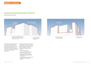 PEQUENA PRAÇA NA RUA VITÓRIA
As pequenas praças implantadas ao longo
da Rua Vitória confirmam a pretensão de
torná-la uma rua de pedestres. Esses
pequenos alargamentos configuram espaços
de permanência e desafogo de fluxo, ao
mesmo tempo em que amplia a perspectiva
do equipamento comercial previsto para esta
esquina: área para comércio de
abastecimento.
Nivelamento do embasamento
não-residencial dos edifícios
novos à cobertura do edifício
tombado da Rua Aurora
Recúo da lâmina
residencial em 5m do
alinhamento da rua
Afastamento das lâminas
na proporção das frentes
do imóvel mantido
Imóveis sem caráter singular podem conviver
com um maior contraste de altura, característica
já existente na região. Atenção às empenas
cegas, que devem prever elementos vazados na
circulação comum, ou aplicação de painel
artístico ou parede vegetal
Empreendimentos
HIS, com comércio
no pavimento
térreo e andares
residenciais acima
Recúo de 7m em relação ao
alinhamento da rua Vitória,
ao longo da extensão do
lote de esquina, conforma
pequeno largo
Edifício de caráter singular tratado
como tombado: torres afastadas
lateralmente na proporção da frente
do imóvel mantido
A A
RELAÇÃO ENTRE EDIFÍCIOS MANTIDOS E PROPOSTOS
Observadas a premissa da pequena praça e
os alinhamentos de fachada, não há grande
flexibilidade para a volumetria externa desta
quadra. No entanto o desenvolvimento dos
projetos de arquitetura pode oferecer
alternativas interessantes, desde que
observados:
 Dimensões do pocket-park;
 Limites de altura determinados pelos
órgãos de preservação histórica;
 Manutenção dos edifícios tombados e
proposta de relação respeitosa entre o
novo e o velho;
 Alinhamentos frontais dos edifícios, exceto
se faceando os espaços públicos
propostos.
QUADRA 83, continuação
Subproduto 5.1: Pue Consolidado Diretrizes do Desenvolvimento Urbano: Renovação  
 