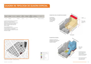 A quadra 93 está localizada na Avenida Rio
Branco com a Rua dos Timbiras. O
afastamento do alinhamento proposto para a
fachada voltada para Rua dos Timbiras,
define um pequeno espaço público de
domínio privado .
Os usos estabelecidos são
predominantemente de serviços (escritórios)
e comércio (térreo), com pavimentos
corridos possibilitando instalação de grandes
empresas na região.
Rua
dos
Tim
biras
R
u
a
d
o
s
T
i
m
b
i
r
a
s
Avenida
Ipiranga
Avenida
Ipiranga
Avenida Rio Branco
Avenida Rio Branco
Rua Santa Ifigenia
Rua Santa Ifigenia
Recúo na Rua
Santa Ifigênia
Largura
máxima = 25m
Volume horizontal articulado
com os pátios (frontal e
interno). Altura mínima
recomendada de18m
O afastamento frontal na
Rua dos Timbiras cria um
ponto de chegada para o
percurso de pátios
comerciais, que estende-se
paralelo a Rua Santa Ifigênia
pelo interior das quadras
Número da
quadra
Tipologia
da quadra
CA máximo Novo lote
criado (m2)
Área
construida
(m2)
}‰
 Š
Mantidas
}‰
‹
cações de
patrimônio
histórico
Estaciona-
mento vertival
Usos
93 Especial 4 4,801m2 19,105 10 2 Sim Serviços, Comercial
Volumetria da quadra com
indicação de usos e articulação
dos edifícios propostos e
existentes mantidos
Os parâmetros
para a volumetria
de quadra definem
o volume máximo
a ser construído
na quadra
30m – Altura
máxima junto
à Rua dos
Timbiras
60m – Altura
máxima junto
à Avenida Rio
Branco
Patrimônio histórico
Construções mantidas
Residencial
Serviços
Comercial
Estacionamento
Calçada
QUADRA 93: TIPOLOGIA DE QUADRA ESPECIAL
PARÂMETROS PARA A VOLUMETRIA DA QUADRA
VOLUMETRIA DA QUADRA
# % # # $    #
Subproduto 5.1: Pue Consolidado Diretrizes do Desenvolvimento Urbano: Renovação  !
 