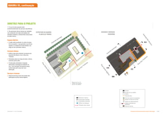 Access
and
servicing
AA
AA
BB
CC
R
u
a
S
a
n
t
a
I
f
i
g
ê
n
i
a
A
v
e
n
i
d
a
R
i
o
B
r
a
n
c
o
Rua
dos
Tim
biras
Avenida
Ipiranga
R
u
a
S
a
n
t
a
I
f
i
g
ê
n
i
a
A
v
e
n
i
d
a
R
i
o
B
r
a
n
c
o
Avenida Ipiranga
Rua
dos Tim
biras
Recuo de 10 a 15
metros com largura
de 30 a 35 metros
1. O uso do solo proposto será
predominantemente de serviços (escritórios);
2. No pavimento térreo deverá ser instalado
uso comercial com lojas articuladas aos
passeios lindeiros e restaurantes associados
ao pátio interno.
Espaços Abertos
 O pátio está localizado no centro da área
livre da quadra, o que garante a sua forma
regular e a criação de novas frentes e ao
longo do seu perímetro interno.
Estrutura Urbana
 Edifício mais alto proposto na esquina da
Avenida Rio Branco com a Rua dos
Timbiras;
 Fachadas ativas ao longo de todo o térreo,
incluindo parte pátio;
 Construções alinhadas à calçada,
reforçando a tipologia já existente na
rua—com exceção da pequena praça,
conformada pelo recua da nova
edificação.
Serviços e Acessos
 Áreas de serviço junto aos fundos das
edificações da Rua Santa Ifigênia.
DIRETRIZ PARA O PROJETO
Patrimônio histórico
Construções mantidas
Construções propostas
Edifícios de destaque
Principais eixos visuais
Privado
Acesso às áreas de serviço
Fachada ativa
Privado de uso público
Áreas de serviço
Acesso ao estacionamento
Público
Acesso controlado de
pedestres
Ponto de acesso de pedestres
QUADRA 93, continuação
ESTRUTURA DA QUADRA
PLANTA DO TÉRREO
ACESSOS E SERVIÇOS
DIAGRAMA
AA
AA
BB
CC
Subproduto 5.1: Pue Consolidado Diretrizes do Desenvolvimento Urbano: Renovação  
 
