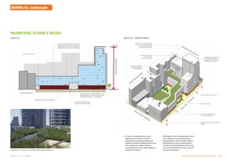 AVENIDA
RIO
BRANCO
Acesso de serviço
Edifício de transição vertical desde a
Avenida Rio Branco até a Rua Santa
Ifigênia proporciona uma passagem
gradativa entre escalas e volumetrias
EXEMPLO DE TERRAÇO JARDIM SOBRE EMBASAMENTO
CORTE B-B
Planta de 25m a 50m (máximo) de
profundidade com átrio interno para
iluminação natural e ventilação
Acesso controlado ao
pátio através de pórtico
EDIFÍCIO MANTIDO
Estacionamento subterrâneo
Até 60m
 O recúo no alinhamento da nova
edificação na Rua dos Timbiras
proporciona uma pequena praça de
acesso e ponto de chegada do percurso
intra-quadras dos pátios internos
comerciais entre a Rua Santa Ifigênia e
Avenida Rio Branco;
Usos comerciais no térreo
O edifício mais alto junto
à Avenido Rio Branco
proporciona identidade e
visibilidade à região
Edifícios com grandes lajes
livres a fim de proporcionar
espaços de escritório
flexíveis e eficientes
Edifícios mantidos
ao longo da
Avenida Ipiranga
Edifícios mantidos
ao longo da Rua
Santa Ifigênia
Rua Santa Ifigênia
Avenida Rio Branco
Avenida
Ipiranga
PD de 6m de piso a piso
no pavimento térreo
Pátio de acesso
Gabarito de 15m na Rua Santa
Ifigênia
VOLUMETRIAS, ALTURAS E RECUOS
 Edificação de 30m proposta junto à Rua
dos Timbiras (A) será composta por
embasamento e torre na parte superior.
Recomenda-se que o volume sobre a
cobertura do embasamento tenha recúo
de 2m do alinhamento do lote, e uso de
serviços (escritórios).
CORTE B-B - PERSPECTIVADO
Rua
dos
Tim
biras
QUADRA 93, continuação
A
Subproduto 5.1: Pue Consolidado Diretrizes do Desenvolvimento Urbano: Renovação  +
 