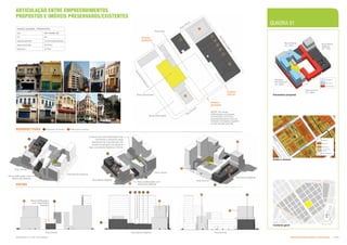 PERSPECTIVAS
QUADRA 81
VISTAS
Contexto geral
Rua Vitória
Nova edificação com
aberturas laterais
Nova edificação
com aberturas
laterais
Rua Vitória Rua Santa Ifigênia Rua Aurora
Avenida Rio Branco
Rua Aurora
Rua Santa Ifigênia
 !

7
+
 

 

.
.
.

.

Rua Santa Ifigênia
Rua Vitória








7
7
+

!

+




!

+
7

!

+
7
Áreas a renovar
0019.0
0
0000.0
5
0017.0
0
0015.0
0
0014.0
0
0
0
0
0
.0
6
0
0
1
2
.0
0
0
0
1
1
.0
0
0
0
1
0
.0
0
0
0
0
9
.0
0
0
0
0
8
.0
0
0
2
7
6
.0
0
0
0
0
3
.0
0
0
0
1
7
0
1
7
5
.0
0
1
7
6
.0
0
0
1
7
7
.0
0
0
1
7
8
.0
0
0
1
7
9
.0
0
0016.0
0
0
0
0124.00
.0
0
0036.0
0
0001.0
0
0000.0
1
0
0
0
0
.0
2
0
0
0
5
.0
0
0
0
0
6
.0
0
7
.0
0
8
.0
0
0
0
2
6
.0
0
0
0
2
7
.0
0
0
0
2
8
.0
0
0
0
0
0
.0
3
0
0
0
9
.0
0
0
0
0
7
.0
0
0
0
2
5
.0
0
0
0
0
1
.0
0
0035.0
0
0034.0
0
0033.0
0
0032.0
0
0031.0
0
0
0
3
0
.0
0
0029.0
0
0050.0
0
0049.0
0
0
0045.0
0
0046.0
0
0
0
3
7
.0
0
0
0
3
8
.0
0
0
0
0
5
.0
0
0
0
0
4
.0
0
0
0
4
7
.0
0
0
0
0
0008.0
0
0009.0
0
0
0
1
0
.0
0
0
0
0
0
.0
0
0
0
0
.0
0000.0
2
0265.0
0
0048.0
0
0
5
4
.0
0
0
2
6
7
.0
0
0
0
2
5
.0
0
0
0
0
1
3
.0
0
0
0
1
4
.0
0
0
0
1
5
.0
0
0
0
0
0
.0
4
0
0
1
8
.0
0
0
2
1
5
.0
0
0
1
6
.0
0
0000.0
3
0013.0
0
0014.0
0
0015.0
0
0016.0
0
0000.0
5
0
0
2
3
.0
0
0
0
2
4
.0
0
0181.0
0
0244.0
0
0
0
0
1
.0
0
0
0
0
2
.0
0
0
2
6
3
.0
0
0
0
0
0
.0
4
0
0
0
8
.0
0
0
0
1
0
.0
0
0
0
0
0
.0
1
0012.0
0
R
Aurora
R
Vitória
B
r
a
n
c
o
!
(
73
!
(
81
!
(
82
!
(
89
!
(
88
Volumetria proposta
Rua Vitória
G= 30m
Rua Vitória
Avenida
Rio Branco
G= 60m
A
v
e
n
i
d
a
R
i
o
B
r
a
n
c
o
Rua Santa
Ifigênia
G= 15m
R
u
a
S
a
n
t
a
I
f
i
g
ê
n
i
a
Rua Aurora
G= 30m
Rua Aurora
Edificação a manter
Edificação tombada
ARTICULAÇÃO ENTRE EMPREENDIMENTOS
PROPOSTOS E IMÓVEIS PRESERVADOS/EXISTENTES
(
J
Área livre
Área permeável
Nova edificação
Acesso
pedestre
Acesso
veículo
Acesso
pedestre
Serviços
Comercial
Gabarito
G


!

+
7
DADOS QUADRA - (PROPOSTA)
uso não residencial
CA 4.0
estacionamento 2 níveis subterrâneos
área construida 29.747m2
área livre 2.576m2

Intervenção
Parcial
Renovar
Quadra
Manter
Uso Público
Nova edificação com
aberturas laterais
A altura da nova edificação visa
minimizar a empena cega
resultante da manutenção do
prédio localizado na esquina
das ruas Santa Ifigênia e Vitória
NOTA: As novas
edificações propostas
conformam um único
empreendimento com os
imóveis tombados sujeitos
à intervenção parcial.
Subproduto 5.1: PUE Consolidado Desenvolvimento Urbano: Preservação  +
 