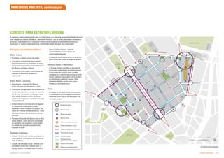 Subproduto 5.1: Pue Consolidado Partido Urbanístico  
A estrutura urbana desenvolvida para o Projeto Nova Luz responde às especificidades do local
com relação aos fatores climáticos, patrimônio histórico, uso do solo e densidade (existente e
proposto), articulação com o entorno e infraestrutura existente (investimentos públicos já
realizados na região), objetivando criar identidade e senso de lugar para esta região.
CONCEITO PARA ESTRUTURA URBANA
ESTRUTURA URBANA
Princípios para a Estrutura Urbana
Malha Urbana
 Respeitar a malha urbana da região;
 Concentrar a localização dos maiores
empreendimentos de escritórios ao longo
dos bulevares (avenidas Duque de Caxias,
Rio Branco e Cásper Libero);
 Concentrar a circulação mais intensa de
veículos no perímetro da área de
intervenção.
Eixos, Vistas e Acessos
 Reconhecer a Avenida Rio Branco
como principal eixo de acesso à área;
 Concentrar a organização do complexo de
escritórios propostos ao longo da Avenida
Rio Branco. Os prédios localizados neste
setor estão limitados a 60m de altura,
atendendo as diretrizes estabelecidas pelo
CONDEPHAAT;
 A Rua Vitória é o principal eixo de ligação
de pedestres, conectando a parte
sudoeste à parte nordeste do projeto, do
Largo do Arouche à Estação da Luz. Suas
entradas tornam-se importantes marcos
urbanos;
 Paralela à Avenida Rio Branco está a Rua
Santa Ifigênia, outro eixo com prioridade
ao pedestre que conecta o centro antigo
da cidade aos grandes equipamentos
culturais da área.
Fachadas Contínuas
 Criação de fachadas contínuas através da
construção de edificações sem recuos ao
nível do térreo;
 Criação de fachadas ativas - térreos com
atividades comerciais voltadas para o
espaço público - voltadas para as ruas e
para os pátios internos, gerando
permeabilidade visual e senso de
continuidade espacial;
 Localização das fachadas ativas ao longo dos
eixos comerciais, conforme diagrama ao lado.
Edifícios Ícones e Marcantes
 O Projeto Urbano identifica e recomenda
locais para implantação de prédios ícones
e marcantes de forma a gerar visadas
estratégicas e referenciais para quem está
dentro (edifícios marcantes) e fora da área
de intervenção (edifícios ícones). Esta
estratégia facilita o andar pela área e
fortalece a identidade local.
Vistas
 Privilegiar as principais vistas, maximizando
as perspectivas dos principais monumentos
existentes como marcos de orientação e de
identidade urbana.
Torres [até 20 andares]
Fachada principal
Fachadas internas
[quadras com acesso público]
Visadas estratégicas na área
Visadas estratégicas dentro da área
Entradas principais
Entradas locais
Edifícios marcantes existentes
Edifícios ícones
Edifcíos marcantes
PARTIDO DE PROJETO, continuação
Espaços Livres [verde]
Espaços Livres [pavimentado]
 