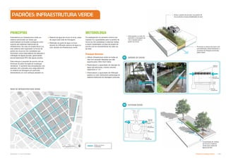 Subproduto 5.1: Pue Consolidado Diretrizes do Espaço Público  .
PADRÕES: INFRAESTRUTURA VERDE
 high-quality
granite
stone
 average
Xcm
V1
V2
 Interrupções no meio-fio
permitem a drenagem da
rua e calçada para o
jardim de chuva
 Promover a mistura de solos com
permebilidade média facilitando o
processo de filtração promovida
pelas raízes
1.3m min.
0.2m min.
bidim
brita
 Evitar o plantio de árvores nos jardins de
chuva devido a baixa estabilidade do solo
 Combinação de Jardins
de Chuva e Cisterna
Verde para coleta de
águas pluviais
REDE DE INFRAESTRUTURA VERDE
Jardins de chuva -
Localização
JARDINS DE CHUVA
CISTERNA VERDE
PRINCÍPIOS
Entendemos por infraestrutura verde um
sistema estruturado por áreas que
potencializam as funções ecológicas como
suporte aos sistemas tradicionais de
infraestrutura. No caso do projeto Nova Luz,
este sistema está organizado na forma de
jardins de chuva (ou bio-canaletas) que
funcionam como reservatórios de retenção e
infiltração de águas pluviais, gerenciando
aproximadamente 50% das águas pluviais.
Este enfoque é proposto de acordo com as
diretrizes do plano de ação às mudanças
climáticas. O aumento das precipitações, por
exemplo, tem colocado uma carga adicional
no sistema de drenagem em particular,
demandando um novo enfoque pautado no:
abertura
meio-fio
raízes
solo não
compactado
solo
compactado
solo não
compactado
 Retardo da água da chuva no local, antes
de seguir pela rede de drenagem;
 Retenção de parte da água no local
através da infiltração passiva da água no
solo, através da infraestrutura verde.
Foi estabelecido um tamanho mínimo (ver
Capítulo 4) e quantidades para os jardins de
chuva (ou bio-canaletas) e cisternas verdes
a serem implantados na área de projeto de
acordo com as características de cada rua
da área.
Principais Diretrizes
 Utilizar infraestrutura verde em todas as
vias com exceção daquelas que dão
suporte para o Mini Anel Viário;
 Potencializar a capacidade de retenção de
água nas estruturas, criando volumes
superiores a 1 m3
;
 Potencializar a capacidade de infiltração
passiva no solo, diminuindo sobrecarga do
sistema tradicional de drenagem profunda.
METODOLOGIA
abertura
meio-fio
solo não
compactado
solo não
compactado
 