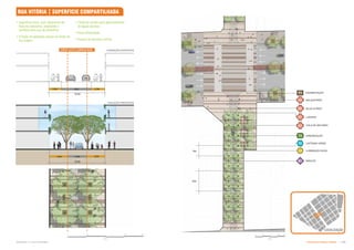 '# % ,'#
Metros
0 4,5 9 13,5 18
13,5m
13,5m
3,2m 3,3m
7,0m
4,5m
4,5m 4,5m
6m
12m
P3
L3
M1
V2
T3
U2
U3
U4
U1
Metros
0 4,5 9 13,5 18
Subproduto 5.1: Pue Consolidado Diretrizes do Espaço Público  +
RUA VITÓRIA | SUPERFÍCIE COMPARTILHADA
SOLUÇÃO PROPOSTA
CONDIÇÃO EXISTENTE
 Superfície única, com alteamento da
faixa de rolamento, ampliando o
território para uso de pedestres;
 Criação de pequenas praças ao longo do
seu trajeto;
 Cisternas verdes para gerenciamento
de águas pluviais;
 Nova arborização;
 Acesso de veículos restrito.
LIXEIRAS
ILUMINAÇÃO NOVA
GOLA DE ÁRVORES
PAVIMENTAÇÃO
BANCOS
CISTERNA VERDE
ARBORIZAÇÃO
BICICLETÁRIO
BALIZADORES
LOCALIZAÇÃO
 