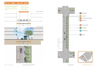13m
13m
2.7m 2.8m
3,5m
2,5m
7.5m
7,0m
P4
L2
V2
U1
U2
U4
T2
M1
6m
3m
12m
Metros
0 3 6 9 12
Metros
0 3 6 9 12
Subproduto 5.1: Pue Consolidado Diretrizes do Espaço Público  
LIXEIRA (NORMAL E RECICLADO)
ILUMINAÇÃO
GOLA DE ÁRVORES
PAVIMENTAÇÃO
BANCOS
CISTERNA VERDE
ARBORIZAÇÃO
BICICLETÁRIO
 Plantio de árvores ao longo do seu lado
sul, favorecendo o sombreamento;
 Cisternas verdes para gerenciamento
hídrico;
 Nova iluminação;
 Ampliação das calçadas;
 Nova pavimentação.
RUA GAL. OSÓRIO | MINI ANEL VIÁRIO
SOLUÇÃO PROPOSTA
CONDIÇÃO EXISTENTE
'# % ,'#
LOCALIZAÇÃO
 