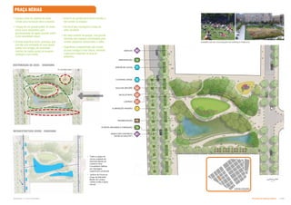 P5
L3
V1
M2
M1
V2
T4
T5
U1
U2
U4
EXEMPLOS DE UTILIZAÇÃO DO ESPAÇO PÚBLICO
Subproduto 5.1: Pue Consolidado Diretrizes do Espaço Público  !
MESAS E CADERAS CAFE
ZONA PARA
% '  
   '
JARDIM TOPOGRAFICO
PLAYGROUND
BANCO EM CONCRETO
(similar ao banco M1)
LOCALIZAÇÃO
 Trata a a água de
chuva coletada da
Alameda Barão de
Limeira e Rua
Conselheiro Nébias
por drenagem
superficial e profunda
 Jardins de chuva ao
longo da Alameda
Barão de Limeira
coleta e trata a água
pluvial.
LIXEIRAS
ILUMINAÇÃO PADRÃO
GOLA DE ÁRVORE
PAVIMENTAÇÃO
BANCOS
JARDIM DE CHUVA
CISTERNA VERDE
ARBORIZAÇÃO
PLANTIO ÁRVORES E FORRAÇÃO
BICICLETÁRIO
 Espaço chave do sistema de áreas
verdes para recreação ativa e passiva;
 Criação de um grande jardim de chuva
serve como dispositivo para
gerenciamento de águas pluviais assim
como amenidade visual;
 Grande superfície verde, gramada, que
permite uma variedade de usos desde
sentar com amigos até acomodar
eventos de média escala no pequeno
anfiteatro a ser criado;
 Arvores de grande porte fazem sombra e
dão caráter ao espaço;
 Um local para recreação é criado no
setor nordeste;
 No setor sudeste do parque, uma grande
alameda com espaços sombreados para
receber pequenos restaurantes e cafés;
 Superfícies compartilhada são criadas
na área contígua à Rua Vitoria, retirando
a guia para expansão da área de
pedestres.
DISTRIBUIÇÃO DE USOS - DIAGRAMA
INFRAESTRUTURA VERDE - DIAGRAMA
PRAÇA NÉBIAS
Metros
0 2 4 6 8
 