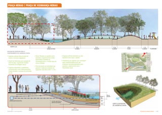 A
A
DRENAGEM MUNICIPAL
+1,6
1,7 m
2,5 m
3,0 m
20,8 m
10,4 m
10,4 m
16,4 m
150 cm
60 cm
40cm
20cm
12,6 m
+1,6
~3:1
Subproduto 5.1: Pue Consolidado Diretrizes do Espaço Público  
CORTE A-A
CORTE ILUSTRATIVO
DO JARDIM DE CHUVA
ESCOAMENTO DE EXCESSO DE ÁGUA
4:1 PROPORÇÃO DE
INCLINAÇÃO MÁXIMA
COLETA
FILTRO GEOTEXTIL
(MANTA DE BIDIN)
ARGILA COMPACTADA
ALAMEDA
COLINA
ALAMEDA
ALAMEDA
JARDIM DE CHUVA
jardim de chuva
calçada
GRAMADO
desnível
nível
dágua
PLAYGROUND
SOLO PARA CULTURA
PRAÇA NÉBIAS | PRAÇA DE VIZINHANÇA NÉBIAS
#{  
   %   ' |
 Espécies nativas locais de área de
charco e terrenos alagadiços;
 Devem ter tolerância para variação de
nível de água, suportando também
momentos de estiagem (seca);
 Espécies resistentes a substâncias
contaminantes como hidrocarbonetos,
metais pesados e excesso de nutrientes
ou sal;
 Raízes fibrosas ou capilares para
aumentar a superfície de contato,
potencializar atividade de
microorganismos e contato água de
chuva coletada;
 Porte da planta na maturidade que
garanta a cobertura completa da
superfície com altura entre 1 e 2m;
 Irrigação artificial somente nos dois
primeiros anos após o plantio;
 Preferência por espécies que contribuam
para a biodiversidade local, que
produzam sementes/alimentos para
pássaros, cobertura do solo e
diversidade visual.
 