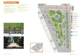 P
P4
L1
L2
V2
V1
T5
U2
U4
M2
T4
LOCALIZAÇÃO
FONTE PRAÇA JÚLIO DE MESQUITA
EXEMPLO DE UTILIZAÇÃO DO ESPAÇO PÚBLICO
Subproduto 5.1: Pue Consolidado Diretrizes do Espaço Público  
POSTES HISTÓRICOS
ILUMINAÇÃO
GOLA DE ÁRVORE
PAVIMENTAÇÃO À SER
RECUPERDA
PAVIMENTAÇÃO
BANCOS
CISTERNA VERDE
JARDIM DE CHUVA
ARBORIZAÇÃO
ARBORIZAÇÃO
BICICLETÁRIO
 Âncora parte do eixo da Rua Vitória,
estabelece um portal de entrada para
essa importante rua;
 As vias existentes ao norte da praça são
propostas como superfícies
compartilhadas, com maior ênfase para
o uso de pedestres, com calçadas mais
largas criando oportunidades para
restaurantes e cafés ao ar livre;
 A fonte existente será restaurada e
reintegrada a paisagem;
 A pavimentação de pedra portuguesa
será recuperada;
 A iulminação histórica será restaurada;
 Arborização complementar
PRAÇA JÚLIO MESQUITA
Metros
0 2 4 6 8
 