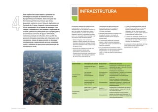 Infraestrutura e Equipamentos Comunitários  !
Subproduto 5.1: Pue Consolidado
4
Este capítulo tem duplo objetivo, apresentar as
estratégias e soluções de Infraestrutura e de
Equipamentos Comunitários. Estas soluções são
formuladas partindo da premissa que tanto a
população residente como a flutuante duplicarão num
horizonte de 15 anos, chegando a aproximadamente
25 mil moradores e 40 mil postos de emprego. Com
relação à infraestrutura, para analisar a capacidade de
suporte, parte-se do pressuposto que o projeto gerará
economias no consumo de água e eletricidade,
reduzirá a produção de efluentes, tirará partido de
possíveis sinergias propiciadas pela integração entre
os sistemas (reuso de águas pluviais na descarga
dos banheiros) e potencializará serviços ambientais
como a infiltração da água pluvial pela introdução de
infraestrutura verde.
Inicialmente, pretende-se analisar a forma
proposta para o ordenamento da
infraestrutura. Em um segundo momento, a
partir da análise da infraestrutura básica
existente frente ao aumento da demanda
projetada, define-se a estratégia escolhida
para a sua adequação. Esta estratégia está
ancorada em três premissas básicas:
 Análise integrada entre os diversos
sistemas, tirando vantagem de possíveis
sinergias, aproveitando as águas pluviais,
diminuindo efluentes finais ao fazer reuso
de águas cinzas;
 Introdução de infraestrutura verde, que
utiliza processos naturais para
potencializar o desempenho das
infraestruturas tradicionais, especialmente
a de drenagem. São utilizados os jardins
de chuva como reservatórios de
retardamento de águas pluviais que
associados ao plantio de espécies
vegetais adequados privilegiam a
infiltração das águas;
 Geração de economias de consumo com
redução de perdas e introdução de
sistemas auxiliares (reuso de água e
energia solar).
 A combinação destas três premissas
ajudam a definir soluções adequadas,
principalmente quando consideramos as
seguintes questões:
 As concessionárias apresentam visões
segmentadas, ora apresentando cadastros
fragmentados, ora não apresentando,
como é o caso das redes de eletricidade e
telefonia;
INFRAESTRUTURA
Especialidade Abrangência do estudo Responsável Síntese das soluções
Abastecimento
de água
Distribuição de água
potável
SABESP /
Concessionário
Substituição e ordenamento da rede de
distribuição de água – cerca de 12 km de
vias na área de projeto
Uso racional –
dispositivos
economizadores
Concessionário /
proprietário /
ocupante
Instalação dos dispositivos
economizadores – solução a ser adotada
no âmbito do projeto de novos
empreendimento e nas edificações
existentes
Sistema integrado –
aproveitamento de
águas pluviais
Concessionário
Sistema integrado de água predial
(coleta, tratamento e armazenamento,
separação do sistema) – solução a ser
adotada no âmbito do projeto de novos
empreendimentos
Esgotamento
sanitário
Rede pública – coleta e
tratamento na ETE
Barueri
SABESP /
Concessionário
Substituição e ordenamento da rede de
coleta de esgotos – cerca de 12 km de
via na área de projeto
Concessionário
Sistema integrado de água predial –
adoção de solução para tratamento “in
loco” com reuso no âmbito do projeto de
novos empreendimentos
 O grau de obsolescência das redes de
infraestruturas tradicionais como água,
esgoto e drenagem, assim como a
defasagem de seu dimensionamento,
comprometem qualquer análise referente
à capacidade de suporte futura;
 O cenário de mudanças climáticas com
aumento significativo das precipitações,
demandando um novo enfoque para as
soluções de infraestrutura.
As principais diretrizes apontadas ao longo
deste relatório estão sinteticamente
apresentadas no Quadro 1.
  ‚ % $'#' %   % %  %' # $|
 