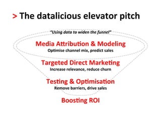 >	
  The	
  datalicious	
  elevator	
  pitch	
  
              “Using	
  data	
  to	
  widen	
  the	
  funnel”	
  

        Media	
  A:ribu<on	
  &	
  Modeling                         	
  

             Op<mise	
  channel	
  mix,	
  predict	
  sales	
  

          Targeted	
  Direct	
  Marke<ng	
  	
  
              Increase	
  relevance,	
  reduce	
  churn	
  

            Tes<ng	
  &	
  Op<misa<on	
  
                 Remove	
  barriers,	
  drive	
  sales	
  

                       Boos<ng	
  ROI	
  
 