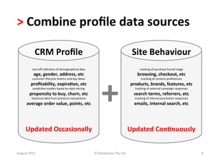 >	
  Combine	
  proﬁle	
  data	
  sources	
  

                CRM	
  Proﬁle	
                                                                                     Site	
  Behaviour	
  
              one-­‐oﬀ	
  collec.on	
  of	
  demographical	
  data	
  	
                                                   tracking	
  of	
  purchase	
  funnel	
  stage	
  




                                                                                    +	
  
               age,	
  gender,	
  address,	
  etc	
                                                                     browsing,	
  checkout,	
  etc	
  
              customer	
  lifecycle	
  metrics	
  and	
  key	
  dates	
                                                     tracking	
  of	
  content	
  preferences	
  
            proﬁtability,	
  expira<on,	
  etc	
                                                                   products,	
  brands,	
  features,	
  etc	
  
              predic.ve	
  models	
  based	
  on	
  data	
  mining	
                                                  tracking	
  of	
  external	
  campaign	
  responses	
  
           propensity	
  to	
  buy,	
  churn,	
  etc	
                                                               search	
  terms,	
  referrers,	
  etc	
  
             historical	
  data	
  from	
  previous	
  transac.ons	
                                                  tracking	
  of	
  internal	
  promo.on	
  responses	
  
         average	
  order	
  value,	
  points,	
  etc	
                                                              emails,	
  internal	
  search,	
  etc	
  




        Updated	
  Occasionally	
                                                                                 Updated	
  Con<nuously	
  


August	
  2011	
                                                             ©	
  Datalicious	
  Pty	
  Ltd	
                                                                   8	
  
 