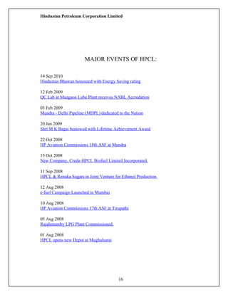 Hindustan Petroleum Corporation Limited
MAJOR EVENTS OF HPCL:
14 Sep 2010
Hindustan Bhawan honoured with Energy Saving rating
12 Feb 2009
QC Lab at Mazgaon Lube Plant receives NABL Accredation
03 Feb 2009
Mundra - Delhi Pipeline (MDPL) dedicated to the Nation
20 Jan 2009
Shri M K Bagai bestowed with Lifetime Achievement Award
22 Oct 2008
HP Aviation Commissions 18th ASF at Mundra
15 Oct 2008
New Company, Creda-HPCL Biofuel Limited Incorporated.
11 Sep 2008
HPCL & Renuka Sugars in Joint Venture for Ethanol Production
12 Aug 2008
e-fuel Campaign Launched in Mumbai
10 Aug 2008
HP Aviation Commissions 17th ASF at Tirupathi
05 Aug 2008
Rajahmundry LPG Plant Commissioned.
01 Aug 2008
HPCL opens new Depot at Mughalsarai
16
 