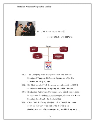 Hindustan Petroleum Corporation Limited
SAIL HR Excellence Award
HISTORY OF HPCL:
1952: The Company was incorporated in the name of
Standard Vacuum Refining Company of India
Limited on July 5, 1952
1962: On 31st March,1962 the name was changed to ESSO
Standard Refining Company of India Limited.
1974: Hindustan Petroleum Corporation Limited comes into
being after the takeover and merger of erstwhile Esso
Standard and Lube India Limited
1976: Caltex Oil Refining (India) Ltd. - CORIL is taken
over by the Government of India with an
Ordinance in 1976, subsequently ratified by an Act
24
 
