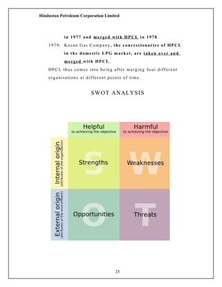Hindustan Petroleum Corporation Limited
in 1977 and merged with HPCL in 1978.
1979: Kosan Gas Company, the concessionaries of HPCL
in the domestic LPG market, are taken over and
merged with HPCL.
HPCL thus comes into being after merging four different
organisations at different points of time.
SWOT ANALYSIS
25
 
