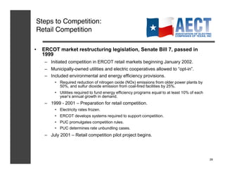 Steps to Competition:!
 Retail Competition!

•    ERCOT market restructuring legislation, Senate Bill 7, passed in
     1999
      –  Initiated competition in ERCOT retail markets beginning January 2002.
      –  Municipally-owned utilities and electric cooperatives allowed to “opt-in”.
      –  Included environmental and energy efficiency provisions.
           •  Required reduction of nitrogen oxide (NOx) emissions from older power plants by
              50%, and sulfur dioxide emission from coal-fired facilities by 25%.
           •  Utilities required to fund energy efficiency programs equal to at least 10% of each
              year’s annual growth in demand.
      –  1999 - 2001 – Preparation for retail competition.
           •  Electricity rates frozen.
           •  ERCOT develops systems required to support competition.
           •  PUC promulgates competition rules.
           •  PUC determines rate unbundling cases.
      –  July 2001 – Retail competition pilot project begins.




                                                                                                    29!
 
