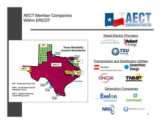 AECT Member Companies!
Within ERCOT!


                                Retail Electric Providers




                         Transmission and Distribution Utilities




                                Generation Companies




                                                               4
 