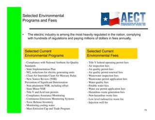 Selected Environmental
Programs and Fees


•      The electric industry is among the most heavily regulated in the nation, complying
       with hundreds of regulations and paying millions of dollars in fees annually.



     Selected Current                                     Selected Current  
     Environmental Programs	

                            Environmental Fees	

     - Compliance with National Ambient Air Quality       - Title V federal operating permit fees
     Standards	

                                         - Air inspection fees
     -  State Implementation Plan	

                      - Air quality permit fees
     -  NOx reductions for electric generating units	

   - Air quality permit renewal fees
     -  Clean Air Interstate/Clean Air Mercury Rules	

   - Wastewater inspection fees
     -  New Source Review (NSR)                        - Wastewater permit application fees
     Prevention of Signiﬁcant Deterioration	

            - Water quality fees
     -  Non-attainment NSR, including offset	

           - Potable water fees
     -  State Minor NSR	

                                - Water use permit application fees
     -  Title V and Acid rain permits	

                  - Hazardous waste generation fees
     -  Compliance Assurance Monitoring	

                - Non-hazardous waste fees	

     -  Continuous Emissions Monitoring Systems	

        -  Low level radioactive waste fee	

     -  Toxic Release Inventory	

                        -  Injection well fee	

     -  Monitoring cooling water	

     -  Mass Emission Cap and Trade Program	

                                                         73!
 
