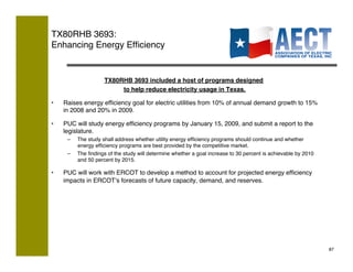 TX80RHB 3693:  
Enhancing Energy Efﬁciency


                      TX80RHB 3693 included a host of programs designed!
                           to help reduce electricity usage in Texas.
                                                                    !

•    Raises energy efﬁciency goal for electric utilities from 10% of annual demand growth to 15%
     in 2008 and 20% in 2009.!

•    PUC will study energy efﬁciency programs by January 15, 2009, and submit a report to the
     legislature. !
      –    The study shall address whether utility energy efﬁciency programs should continue and whether
           energy efﬁciency programs are best provided by the competitive market.!
      –    The ﬁndings of the study will determine whether a goal increase to 30 percent is achievable by 2010
           and 50 percent by 2015.!

•    PUC will work with ERCOT to develop a method to account for projected energy efﬁciency
     impacts in ERCOTʼs forecasts of future capacity, demand, and reserves. !




                                                                                                                 87!
 