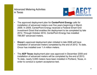 Advanced Metering Activities  
in Texas



•    The approved deployment plan for CenterPoint Energy calls for
     installation of advanced meters over five years beginning in March
     2009. In 2009, CenterPoint Energy received a Federal Smart Grid
     Investment Grant that enables the deployment to be completed by late
     2012. Through October 2010, CenterPoint Energy has installed
     789,857 advanced meters.

•    Oncor’s approved deployment plan initiated in late 2008 will have
     installation of advanced meters completed by the end of 2012. To date,
     Oncor has installed over 1.4 million meters.

•    The AEP Texas deployment plan was approved in December 2009 and
     installation of advanced meters will be completed by the end of 2013.
     To date, nearly 5,000 meters have been installed in Portland, Texas, in
     order to conduct a system acceptance test.


                                                                               91!
 