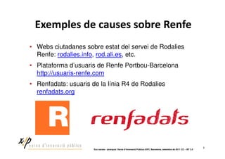 • Webs ciutadanes sobre estat del servei de Rodalies
  Renfe: rodalies.info, rod.ali.es, etc.
• Plataforma d’usuaris de Renfe Portbou-Barcelona
  http://usuaris-renfe.com
• Renfadats: usuaris de la línia R4 de Rodalies
  renfadats.org




                                                                                                                          5
                      ‘Xoc xarxes - jerarquia’ Xarxa d’Innovació Pública (XIP). Barcelona, setembre de 2011 CC – BY 3.0
 