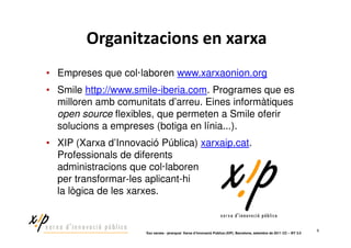 • Empreses que col·laboren www.xarxaonion.org
• Smile http://www.smile-iberia.com. Programes que es
  milloren amb comunitats d’arreu. Eines informàtiques
  open source flexibles, que permeten a Smile oferir
  solucions a empreses (botiga en línia...).
• XIP (Xarxa d’Innovació Pública) xarxaip.cat.
  Professionals de diferents
  administracions que col·laboren
  per transformar-les aplicant-hi
  la lògica de les xarxes.


                                                                                                                          6
                      ‘Xoc xarxes - jerarquia’ Xarxa d’Innovació Pública (XIP). Barcelona, setembre de 2011 CC – BY 3.0
 
