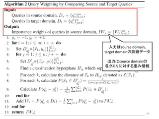 入力はsource domain,
target domainの訓練データ

 出力はsource domainの
各クエリに対する重み情報




                  45
 