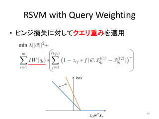 RSVM with Query Weighting
• ヒンジ損失に対してクエリ重みを適用




             loss




                       
                                        54
 